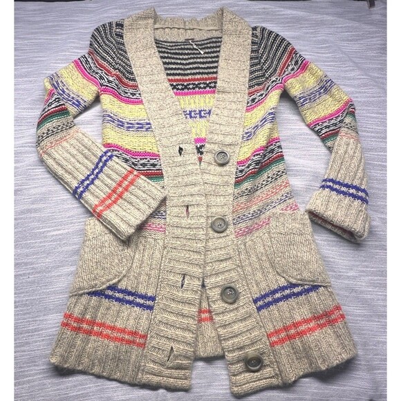 Free People Cardigan Duster Sweater Size XS Oversized Colorful Striped Pockets - Picture 1 of 15
